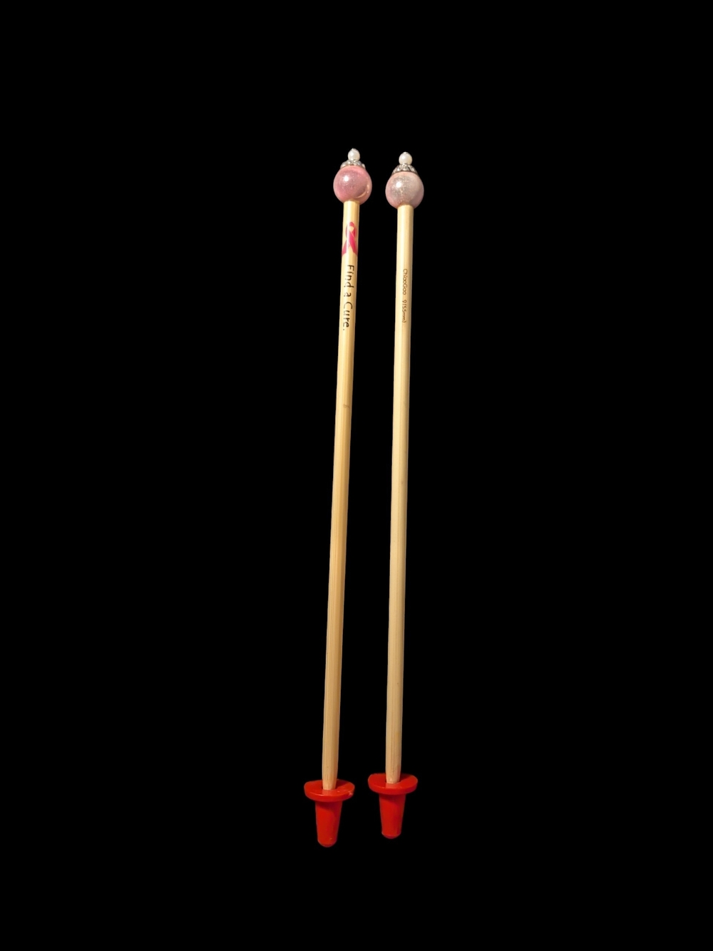 Find A Cure Wooden Knitting Needles Pink Bead Tops and Red Stoppers Size 5.5
